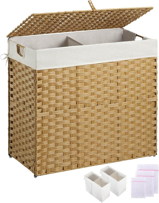 Greenstell Laundry Hamper with lid, No Install Needed, 130L Wicker Laundry Baskets Foldable 2 Removable Liner Bags, 2 Section Clothes Hamper Handwoven Rattan Laundry Basket with Handles, Natural
