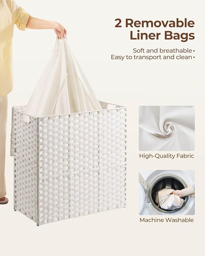 Greenstell Laundry Hamper with lid, No Install Needed, 130L Wicker Laundry Baskets Foldable 2 Removable Liner Bags, 2 Section Clothes Hamper Handwoven Rattan Laundry Basket with Handles, White