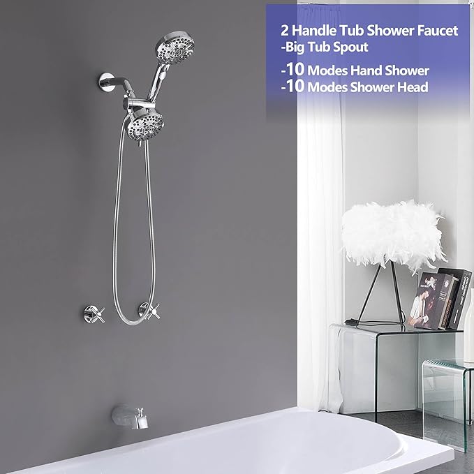 2 Handles Tub Shower Faucet Bathtub Shower Faucet Set, Tub and Shower Trim Kit Chrome Wall Mounted