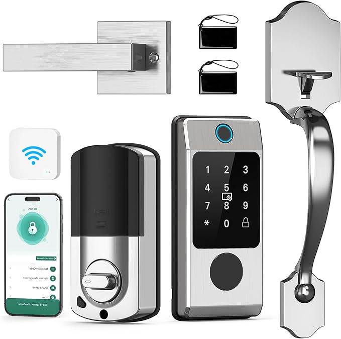 Wi-Fi Smart Deadbolt Lock with Handle Sets, Keyless Entry Door Lock for Front Door, Compatible with Alexa & Google Assistant, Auto Locking-Black