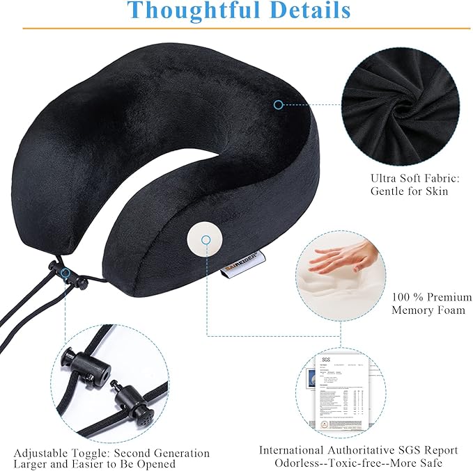 SAIREIDER Neck Pillows for Travel 100% Memory Foam Adjustable Travel Pillows with Storage Bag, Sleep Mask and Earplugs-Prevent The Heads from Falling Forward (Black)