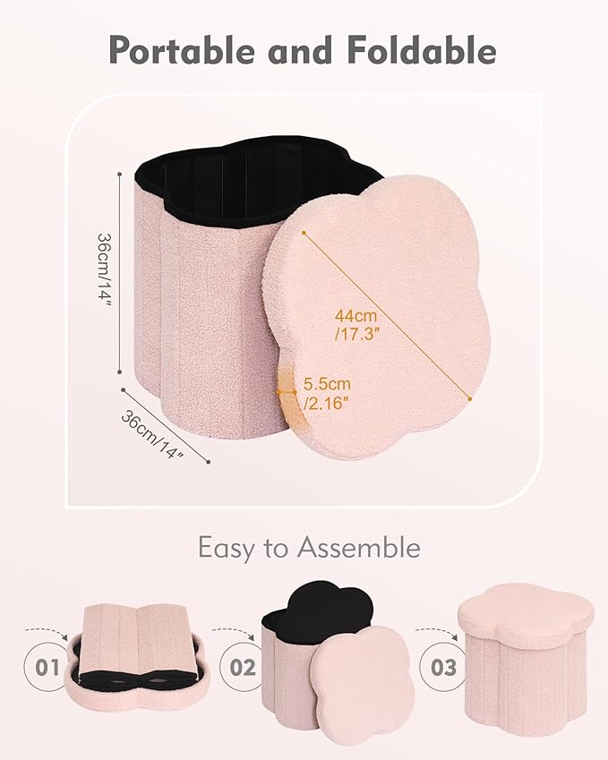 B FSOBEIIALEO Storage Ottoman Cube, Flowers Shaped Ottomans with Storage Foot Stool Footrest, Boucle Ottoman Seat for Dorm Room, Faux Teddy Fur, Pink 15"x15"x15"
