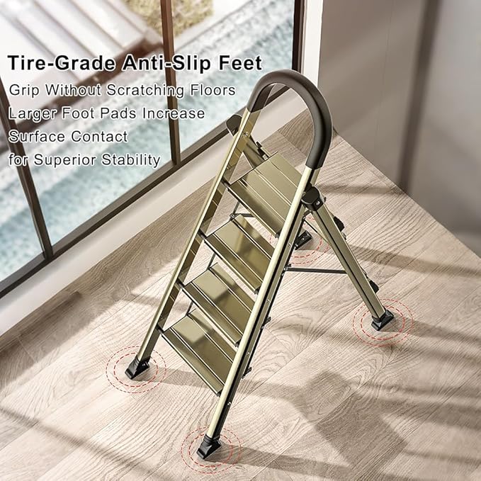 4 Step Ladder, Folding Aluminum Alloy Step Stool with Wide Anti-Slip Pedal for Adults, Champagne Gold 4 Tiers Stool with 330lbs Load Capacity for Home Kitchen Closet Garage Office