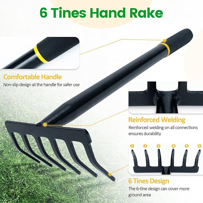 Garden Tool Set, 2 Piece Heavy Duty Gardening Hand Tools with Comfortable Handle, Including Garden Trowel and 6-Tine Rake, Durable Gardening Gift for Kids Men Women