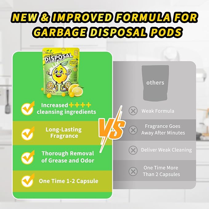 50 Count Garbage Disposal Cleaner and Deodorizer – Sink Odor Eliminator, New Powerful XL Sink Drain Freshener Pods | Dissolves Grease, Eliminates Odors, Lemon Zest Scent