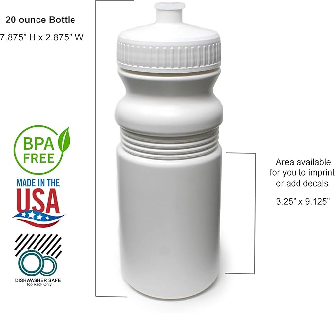 Rolling Sands 20 Ounce Sports Water Bottles 6 Pack, BPA-Free, Made In USA, Dishwasher Safe, White
