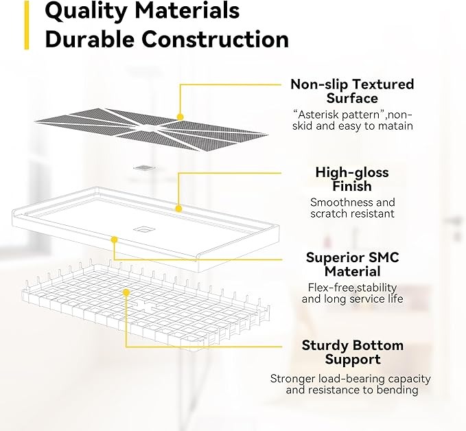 Sunrosa Shower Base 60"×32"×4", Single Threshold Shower Bases with Center Drain, Rectangle Solid Surface White Shower Pan, Slip Resistant Textured Surface, Include Stainless Steel Chrome Cover