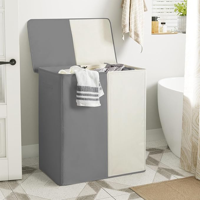 WOWLIVE Double Laundry Baseket with Lid and Removable Laundry Bags,154L Large Laundry Hamper 2 Section Collapsible Dirty Clothes Hamper for Laundry Room,College Dorm,Bathroom,Grey and Beige