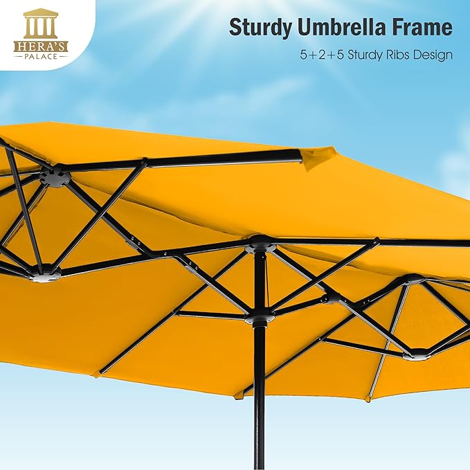HERA'S PALACE 13 Ft Double-Sided Twin Patio Umbrella, Outdoor Double Sided Market Patio Umbrella with Crank, Powerful UV Protective (Gold Yellow)