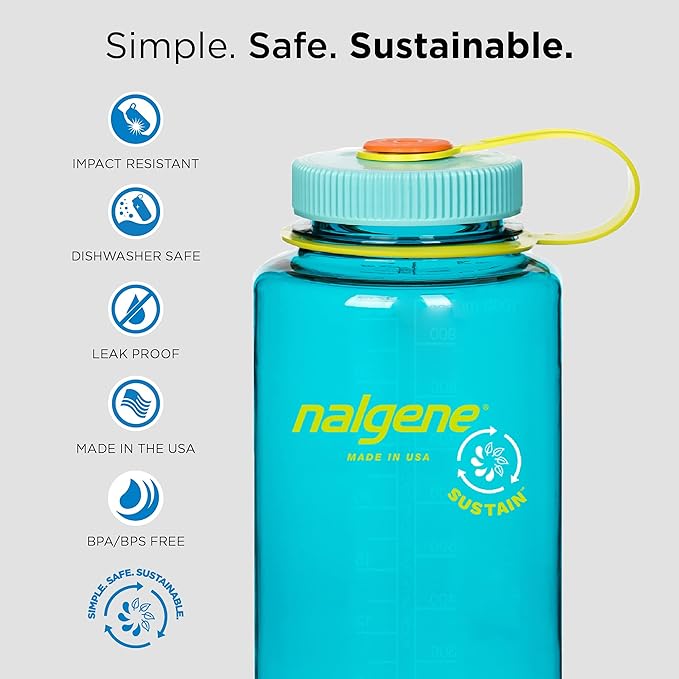 Nalgene Sustain Tritan BPA-Free Water Bottle Made with Material Derived from 50% Plastic Waste, 32 OZ, Wide Mouth
