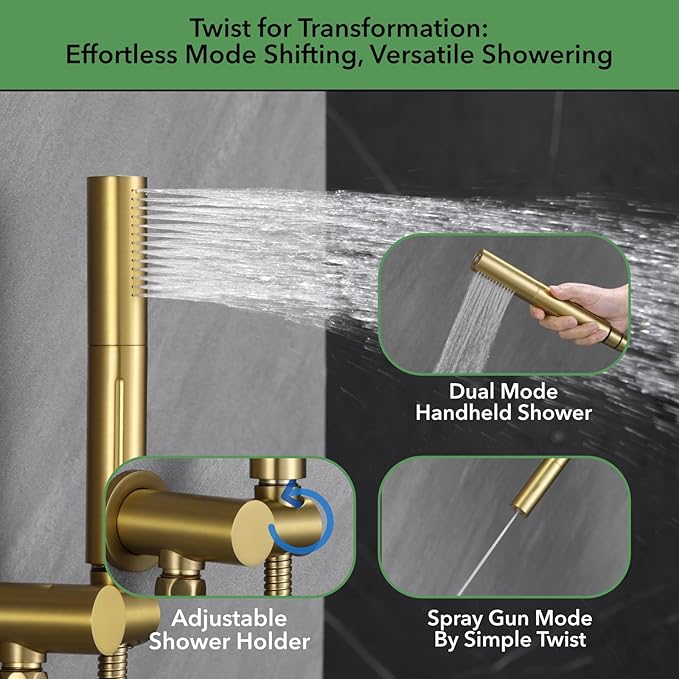 VANFOXLE Thermostatic Shower Faucet Set Brushed Gold Shower System,Push Button Diverter Shower Faucet with 2 in 1 Handheld,Ceiling Mount Increased Thickness 12 Inch Shower Head with 6 Inch Shower Head