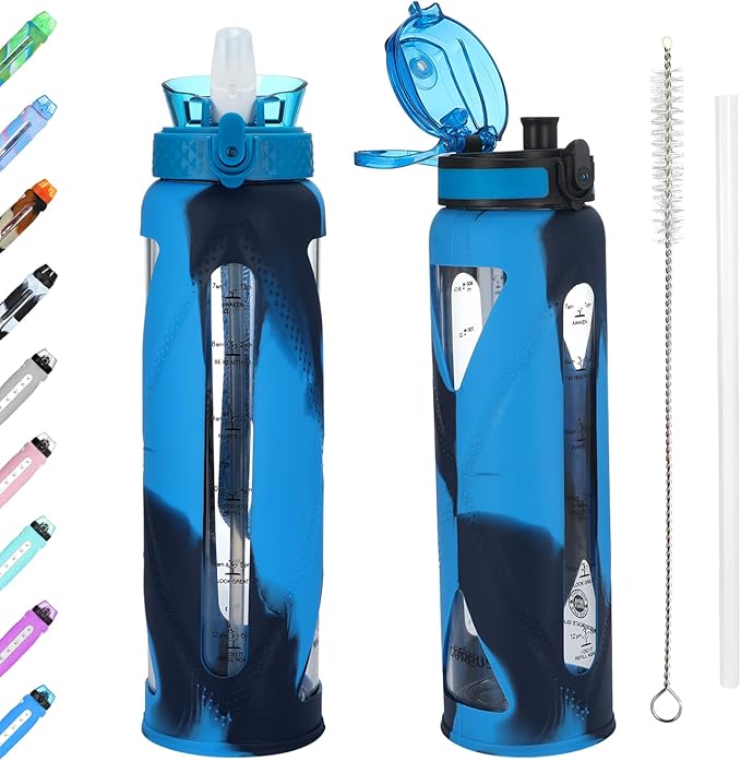 GOPPUS Glass Water Bottles with Straw and Flip Lid, Motivational Water Bottles with Time Marker Reminder and Silicone Sleeve, Leakproof, BPA Free (32 oz, Blue Mixed)