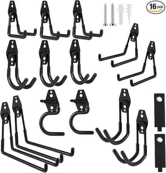 Garage Hook Heavy Duty Wall Storage Hangers, 16 Pack Garage Storage Hooks Steel Tool Organizer Black for Ladders, Ropes, Garden Tools