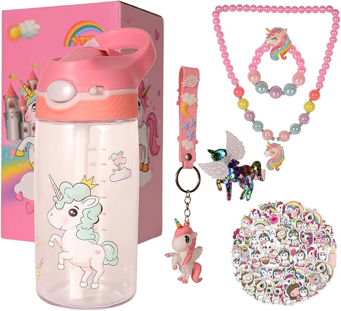 VTIVE Unicorn Water Bottle for Girls, 55PCS Unicorn Birthday Gifts for Girls Age 3 4 5 6 7 8, Kids Water Bottle 16 OZ BPA-Free with Straw & Safety Lock, Unicorn Themed Gifts for Christmas