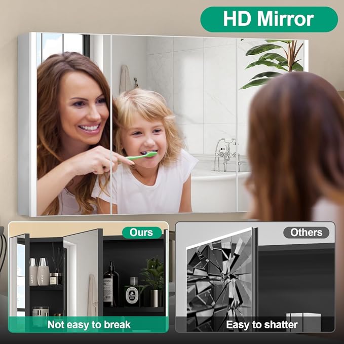 40x28 Inch Medicine Cabinet with Light, AL Alloy Frame, Full-Assembled Bathroom Mirror Cabinet with Brightness Adjustable and Storage, Led Medicine Cabinet Mirrored with Recessed, Black