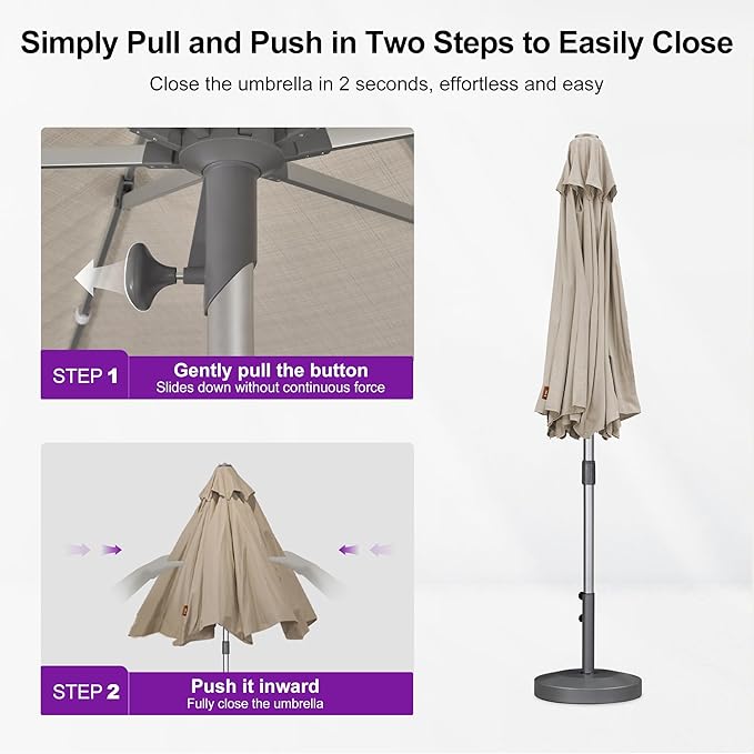 PURPLE LEAF 10 FT Semi-Auto Outdoor Patio Umbrella with Base Market Table Sun Umbrellas with 8 Aluminum Sturdy Ribs for Backyard Deck Garden Pool (Silver Pole Beige Canopy)