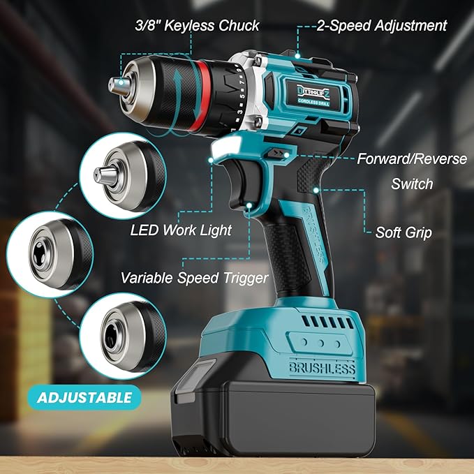Power Drill Cordless Compatible with Makita 18V Battery,1/2" Brushless Electric Drill Set,440 In-lbs(50N.m) Electric 18V Drills Driver Tool, Variable Speed Mode for Home,Garden(No Battery)