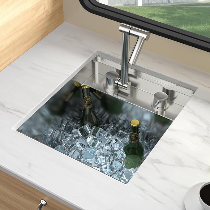 Lordear RV Kitchen Sink with Foldable Faucet,15" x 17" Bar Prep Sink Undermount 16 Gauge Stainless Steel Single Bowl Small Kitchen Camper Wet Bar Mobile Home Basin