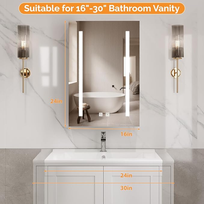 VINGLI 16Inch Medicine Cabinet with Lights, Lighted Medicine Cabinet with Mirror, Led Wall Mirror with Storage for Bathroom,Wall Mounted,3-Color Memory Mode Light，White,5.9" D x 15.75" W x 23.6" H