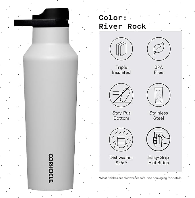 Corkcicle Sport Canteen Insulated Tumbler, River Rock, 20 oz – Reusable Water Bottle Keeps Beverages Cold for 25 Hours & Hot 12 Hours – Cupholder Friendly Tumbler with Screw-On Cap