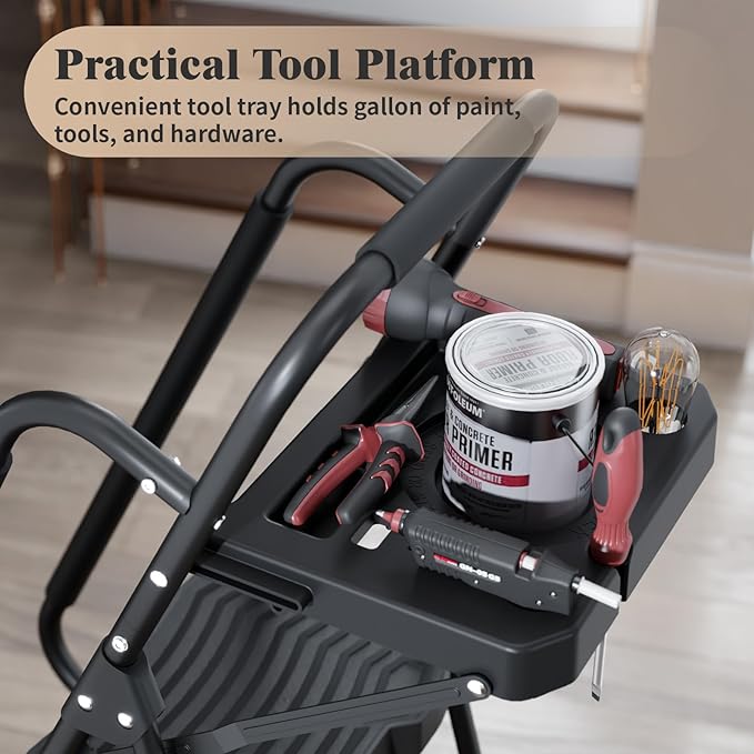 KINGRACK 5 Step Ladder with Tool Platform, 900 lbs Sturdy Step Stool with Handrail, Folding Steel Ladder with Wide Pedal, Safety Ladder for Adults Home Outdoor Painting Garage Office