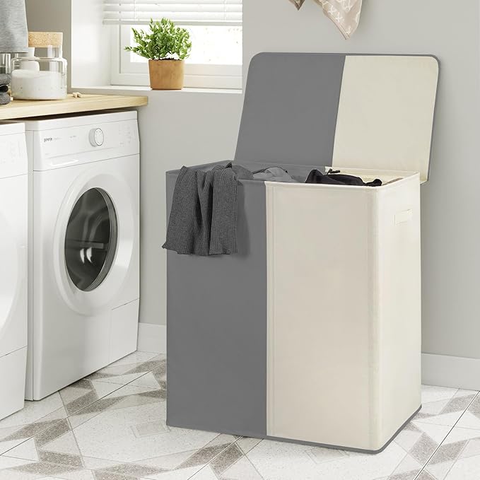WOWLIVE Double Laundry Baseket with Lid and Removable Laundry Bags,154L Large Laundry Hamper 2 Section Collapsible Dirty Clothes Hamper for Laundry Room,College Dorm,Bathroom,Grey and Beige
