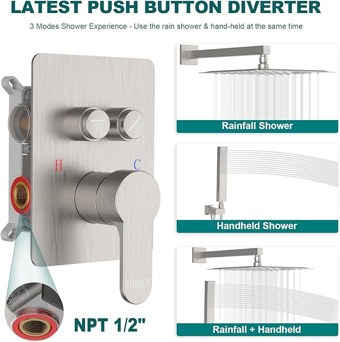 Rainfall Shower System, 12 inch Wall Mounted Rain Shower Head with Handheld Spray, Push Button Diverter 2 Functions Simultaneous Use, Shower Faucet Set Rough-In Valve Includ, Brushed Nickel