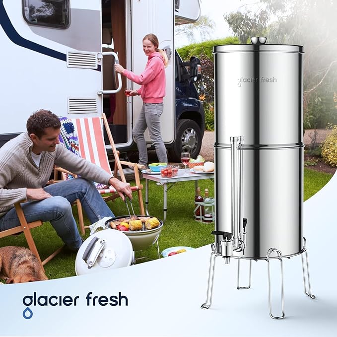 GLACIER FRESH Gravity-fed Water Filter System, Stainless Steel 3G Gravity Water Filter with 6 Filters, Metal Water Level Spigot, and Stand, for Home, Camping, and RVing