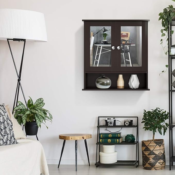 Tangkula Bathroom Medicine Cabinet with Mirror, Wall Mounted Wooden Hanging Organizer with Doors and Shelves, Bathroom Wall Mirror Cabinet (Mirror Doors, Brown)