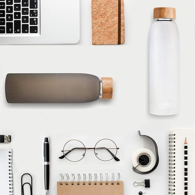 Urban Green Glass Water Bottle with Protective Silicone Sleeve and Bamboo Lid, 18oz, 1extra 304 Stainless Steel Lid with Handle, BPA Free, Dishwasher Safe, Gift Box