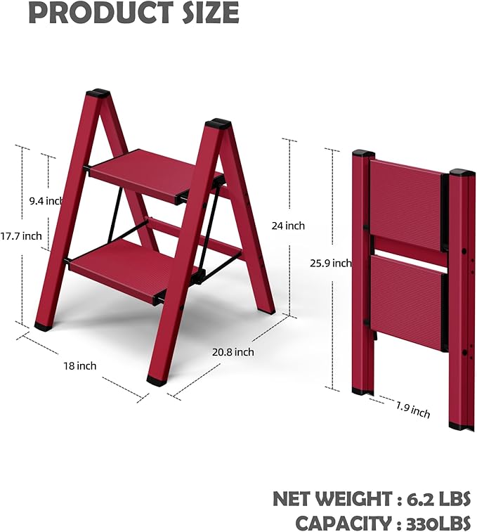 Taranta 2 Step Ladder,Aluminum Lightweight Folding 2 Step Stool with Anti-Slip Wide Pedal,330lbs Capacity Step Ladder for Household,Kitchen,Office - Red