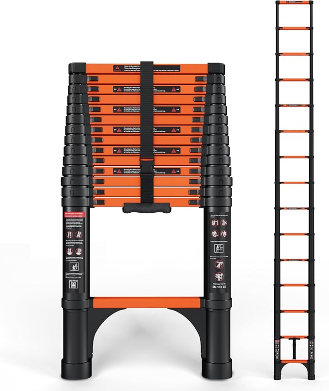 14.5 FT Telescoping Ladder, ANSI Certified, Type I Heavy Duty, 330lbs Max Capacity, Aluminum Extension Ladder for Home, Roof, RV; Orange
