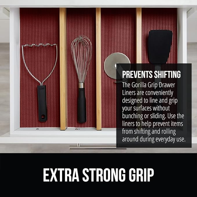 Gorilla Grip powerGRIP Drawer Shelf and Cabinet Liner, Thick Strong Hold, Non-Adhesive Liners Protect Kitchen Cabinets and Cupboard, Bathroom Drawers, Easy Install, Breathable Mat, 12" x20', Red