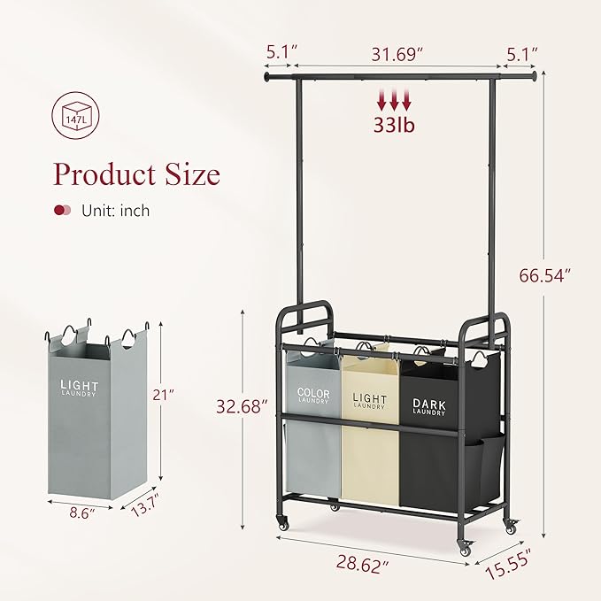 Tajsoon Laundry Sorter Cart with Hanging Clothes Rack, 3 Butler Sorter Basket Organizer, Laundry Hamper Cart with Heavy Duty Rolling Lockable Wheels, 3 Colors