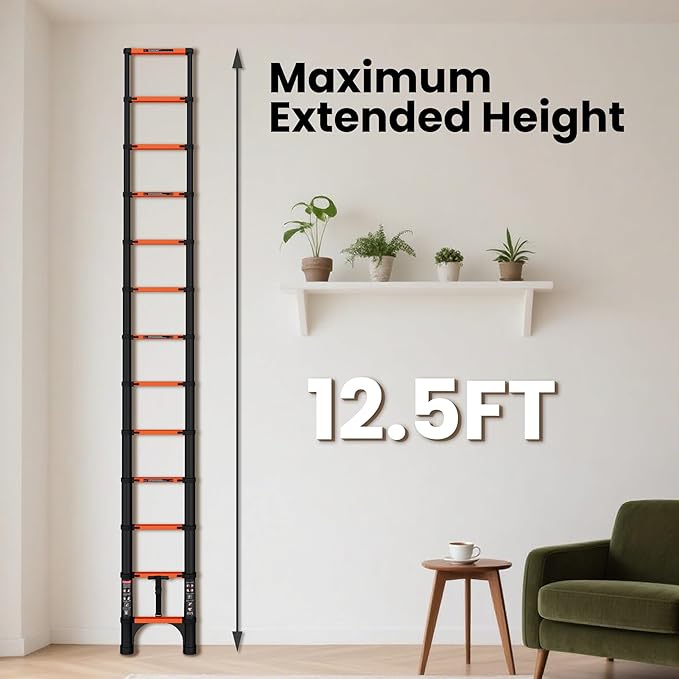 12.5 FT Telescoping Ladder, ANSI Certified, Type I Heavy Duty, 330lbs Max Capacity, Aluminum Extension Ladder for Home, Roof, RV; Orange
