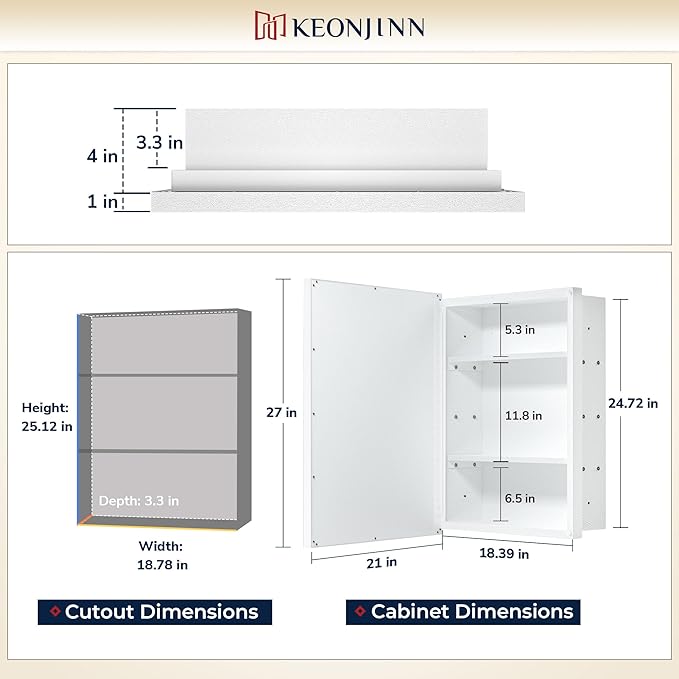 Keonjinn 21" x 27" White Medicine Cabinet with Mirror, Recessed or Surface Wall-Mounted Aluminum Alloy Framed Beveled Mirror, Single Door Farmhouse Bathroom Cabinet with Storage