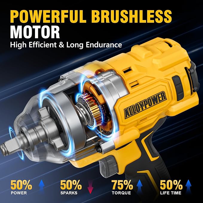ALLOYPOWER Cordless Brushless Impact Wrench, 1475 ft-lbs (2000N.m), 1/2 High Torque power impact gun, 3-Mode Speed, 4000mAh Battery, 3 Sockets, Electric Impact Wrench Set for Car Tire Truck RV Mower