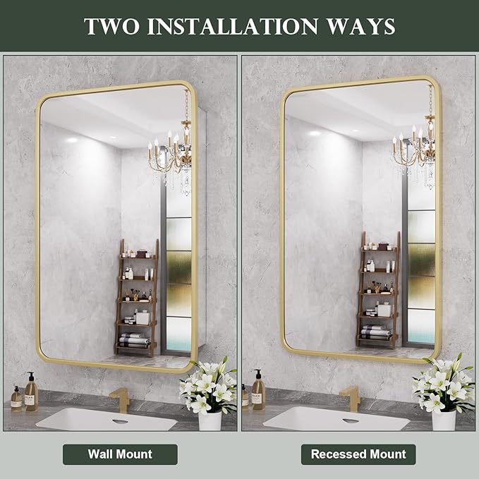 WallBeyond WallByond Bathroom Medicine Cabinet with Mirror, 19x30 Inch Gold Recessed Medicine Cabinet with Round Corner Aluminum Alloy Metal Framed, Single Door Modern MedicineMabinet with Storage
