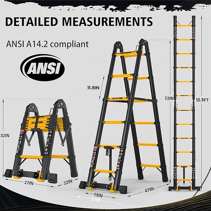 12.5 FT Telescoping A Frame Ladder, 6 Step, ANSI Certified, Type I Heavy Duty, 330lbs Max Capacity, Aluminum Extension Ladder for Home, Roof, RV; Yellow