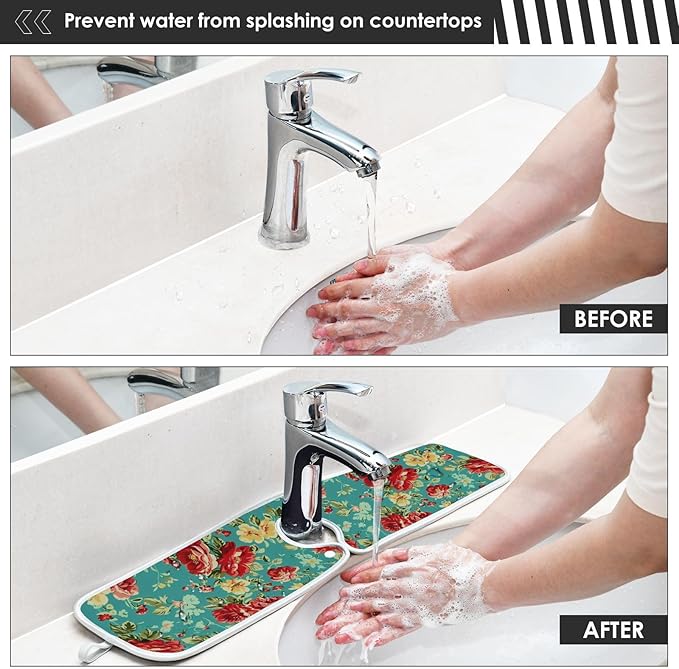 Kitchen Faucet Absorbent Mat,Rose Flower Floral Water Splash Guard for Sink, Faucet Drip Catcher Thicken Sponge Microfiber Faucet Water Catcher Mat Sink Absorbent Mat for Kitchen 23x5in 2 Pack