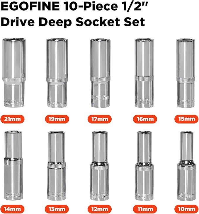 Egofine 10PCS 1/2” Drive Deep Socket Set,Metric Socket Set（10mm-21mm,6 Point Socket Set With Hanging Bracket,Cr-V Steel