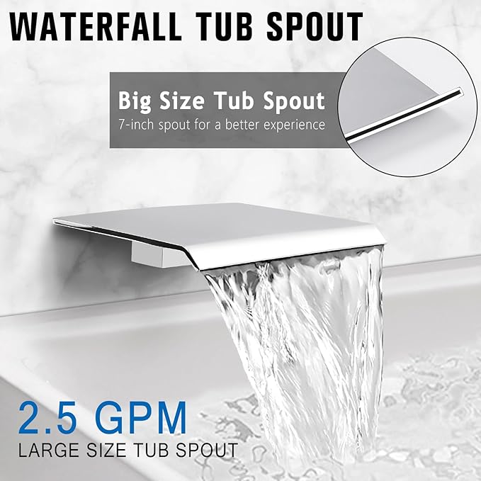 12 Inch Rainfall Shower System with Tub Spout Wall Mounted Complete Combo with Solid Brass Pressure Balancing Valve, High Pressure Shower Head, Handle Set & Installation Accessories Chrome