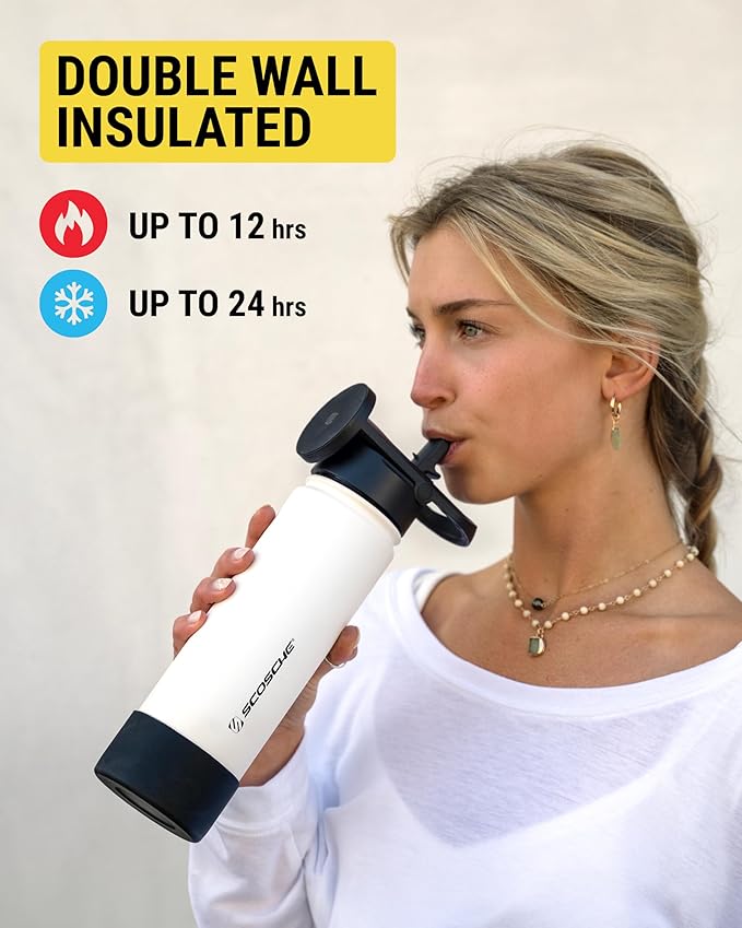 Scosche MFMS22 MagicMount Flask 22oz Stainless Steel Hot & Cold Insulated Sport Water Bottle w/Magnetic Mount Tripod Phone Stand Compatible w/MagSafe iPhone for Cup Holder/Gym/Men/Women/Travel/White