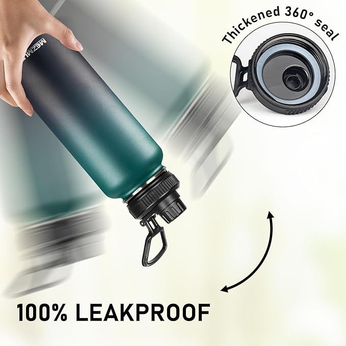 Insulated Water Bottle with Straw&3 Lids 40oz Stainless Steel Water Bottles Metal Water Bottle Double Walled Vacuum Insulated Bottles Thermos Leak-Proof Travel Thermal (Gradient Green Black)