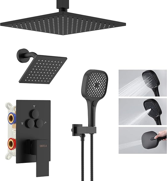 Shower System Matte Black Ceiling Mount Shower Faucet Set with 10 Inch Shower Head, Push Button Diverter Shower Fixtures with 3 in 1 Handheld,6 Inch Shower Head【All Functions Simultaneous Use】
