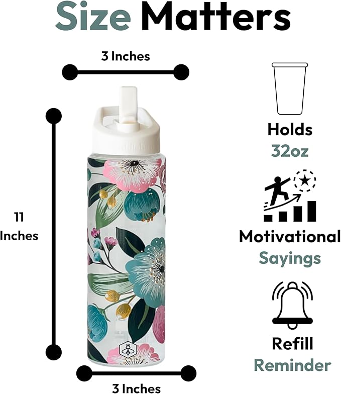 Biddlebee 32oz. Hydration Tracker Water Bottles with Times To Drink | Big Motivational Water Bottle with Time Marker, Straw Lid, & Measurements | BPA-Free (Pretty Flowers)