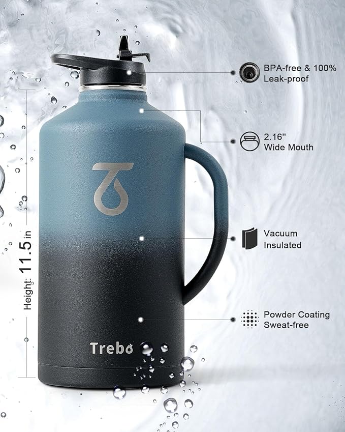 Trebo 128 oz Water Bottle Insulated with Handle, One Gallon Stainless Steel Metal Large Jug, Travel Flask with Straw Spout Lid, Mug Tumbler Cup with Carry Pouch, Keep Cold Hot, Indigo Black