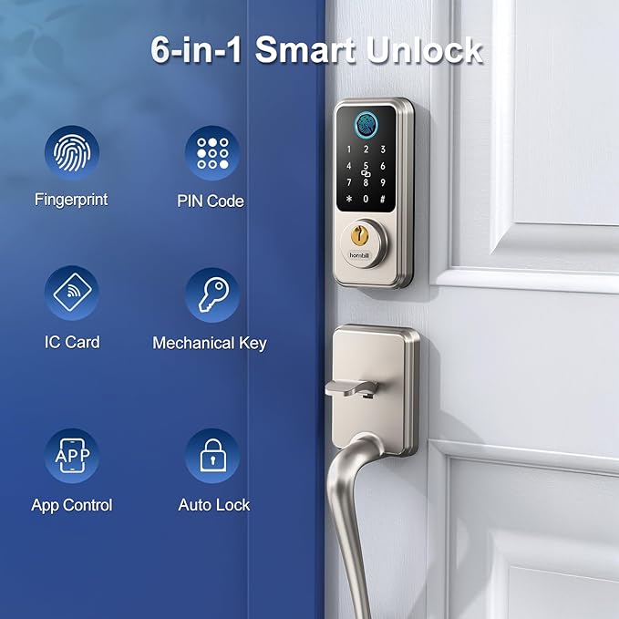 Hornbill Keyless Entry Smart Locks Set, Front Door Handle Set, Keypad Deadbolt Lock for Airbnb Home Office, Auto-Lock, Matte Silver