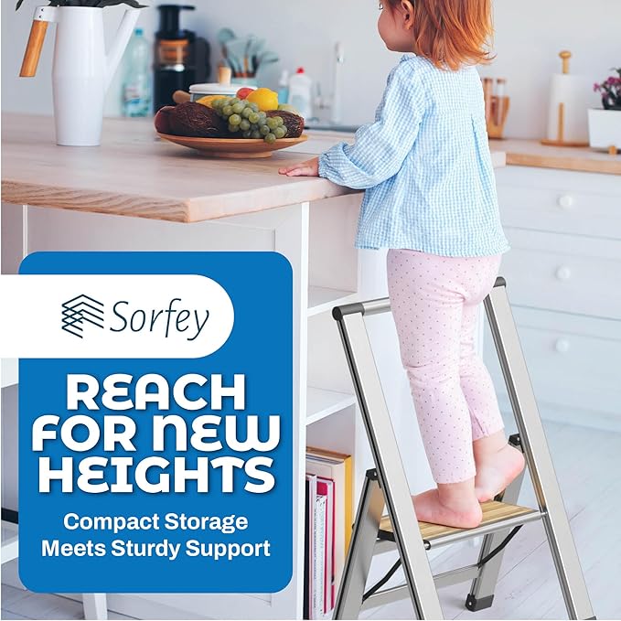 Step Ladder 1 Step Folding, Decorative - Beautiful Bamboo & Silver Aluminum, Ultra Slim Profile, Anti Slip Steps, Sturdy-Portable for Home, Office, Kitchen, Photography Use,by SORFEY