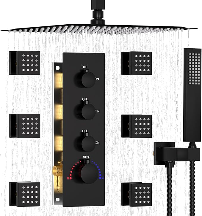 Enga Thermostatic Shower System 16 inch Rain Shower Head with 6 Body Spray Jets, Can Use All Functions At a Time (Volume Adjustable), Matte Black